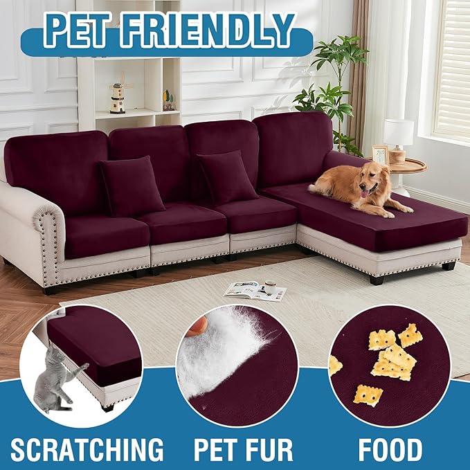 Couch Cover 4-Piece Elastic Velvet Couch Cushion Covers & Chaise Slipcovers - Image 4