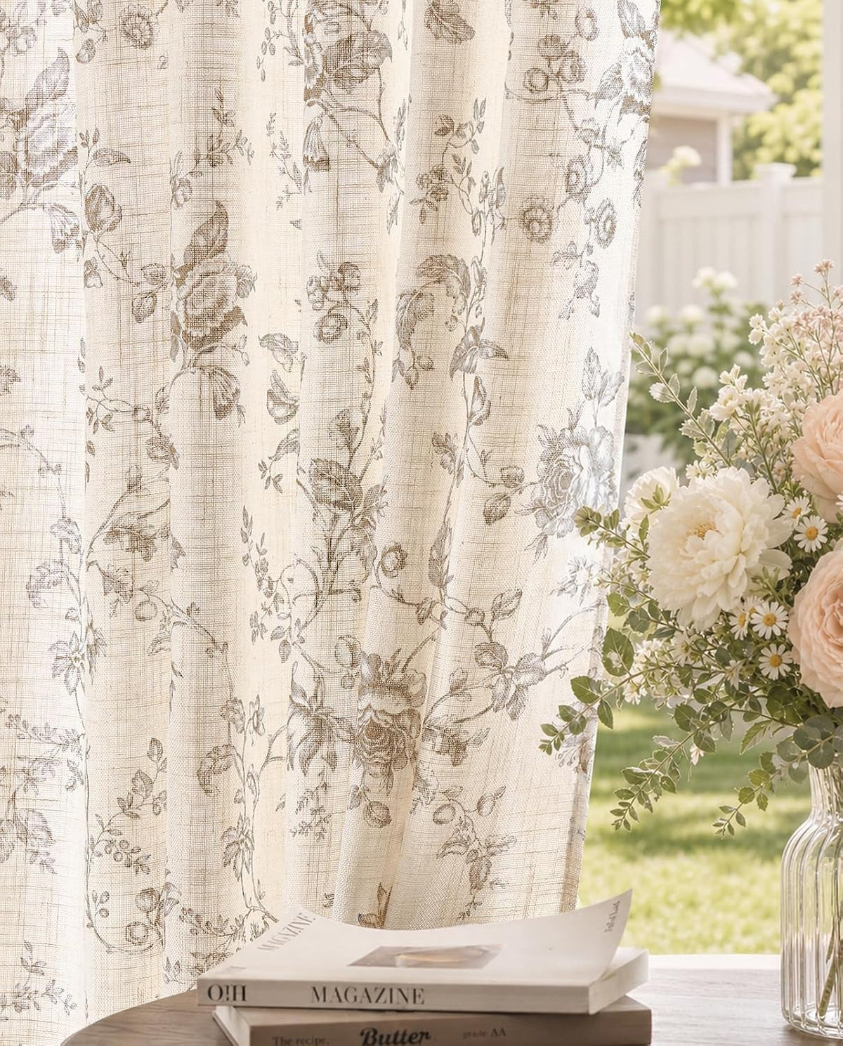 Vangao Taupe Floral Linen Curtains for Living Room 84L 2 Panels for Bedroom