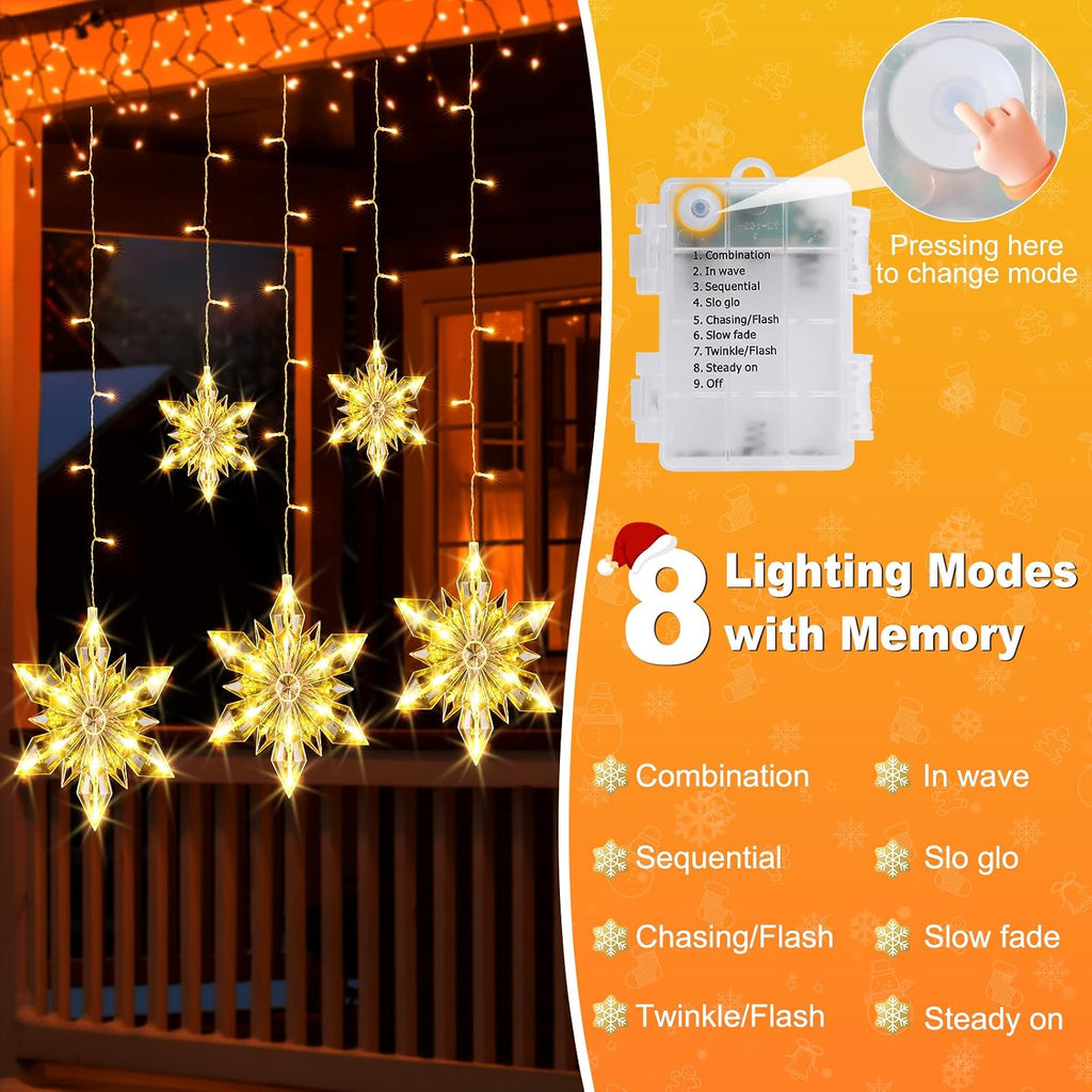 Christmas Snowflakes Window Lights, 5 Pack 72 LEDs Waterproof Hanging Battery Operated Christmas Decoration with Timer for Indoor Outdoor Xmas Home Winter Party Patio Bedroom Decor, Warm White