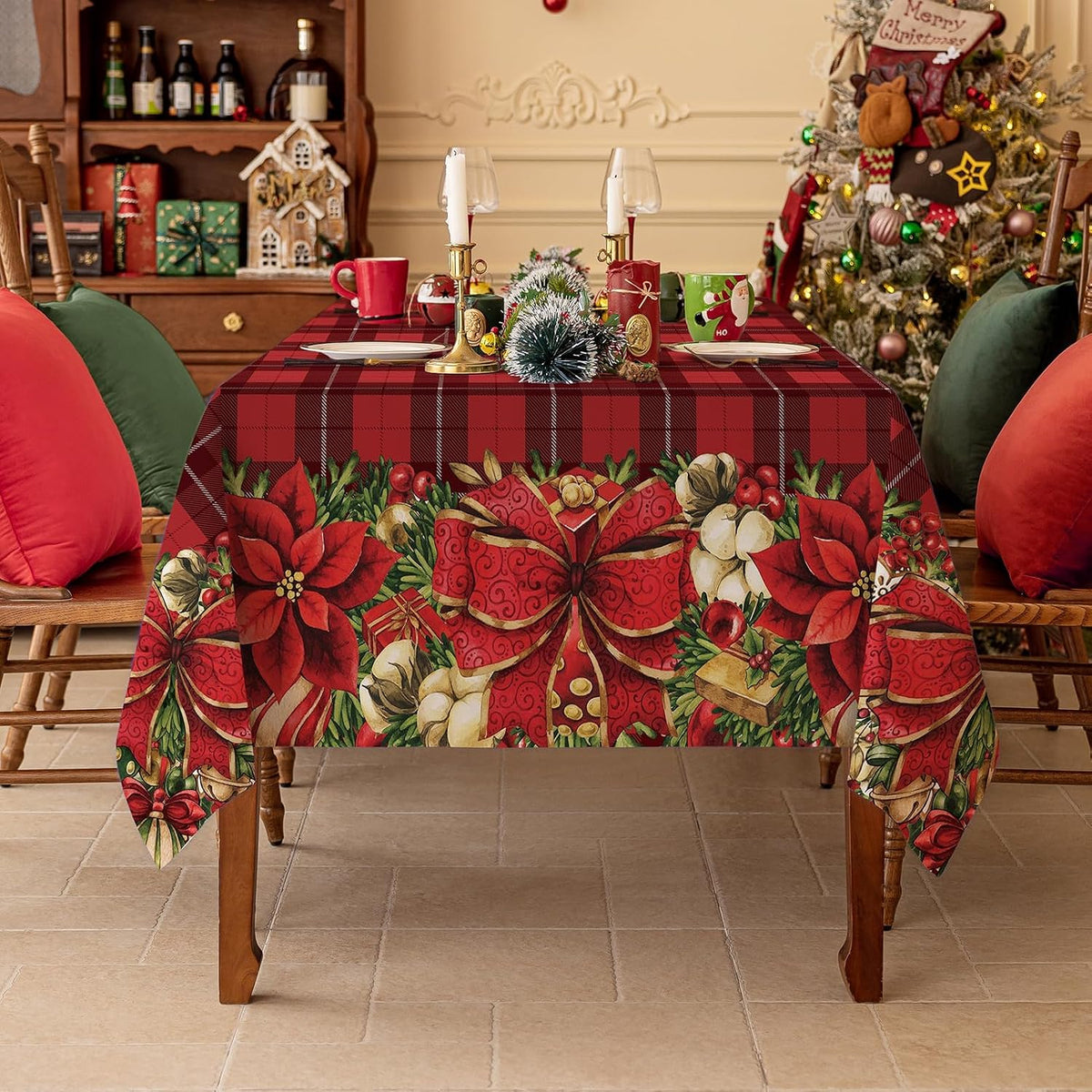 Softalker Christmas Rectangle Tablecloth 60 x 144 Inch, Red Checkered