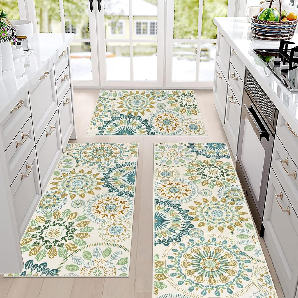 Bsmathom Farmhouse Kitchen Rugs Sets of 3, Boho Non-Slip Kitchen Mats for Floor, Kitchen Runner Rugs Non Skid Washable for Kitchen Entryway Hallway Laundry Room