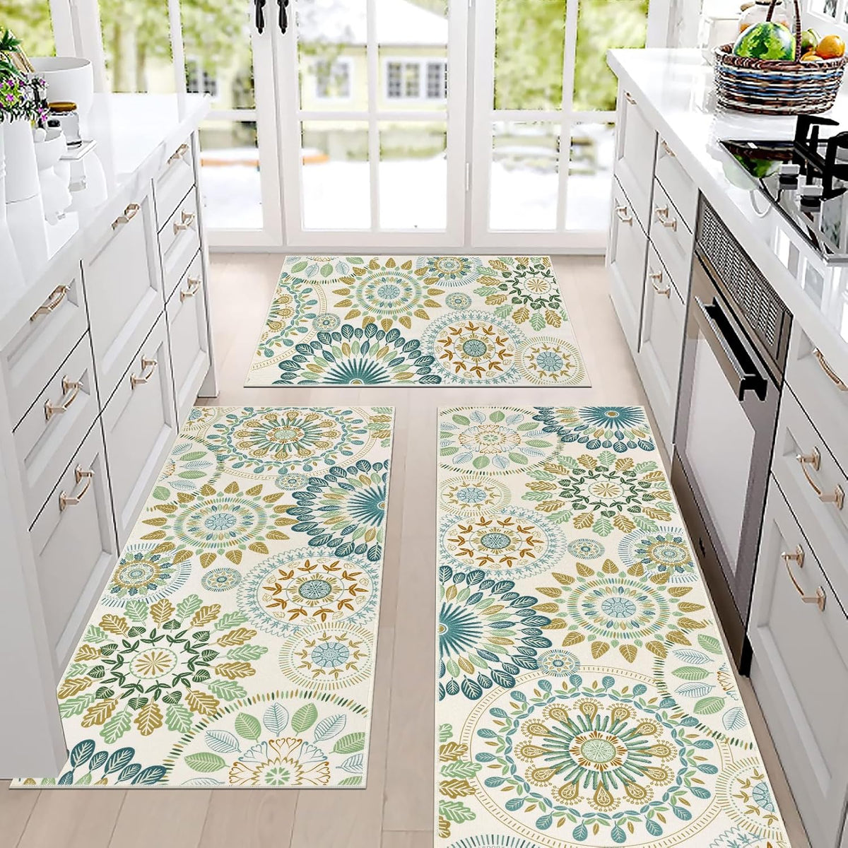 Bsmathom Farmhouse Kitchen Rugs Sets of 3, Boho Non-Slip Kitchen Mats for Floor, Kitchen Runner Rugs Non Skid Washable for Kitchen Entryway Hallway Laundry Room