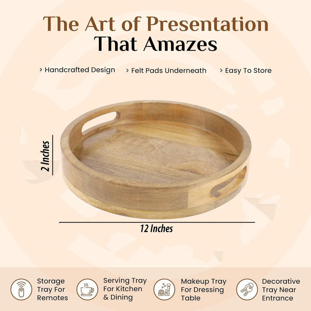 Round Wood Serving Tray, 12 in, Natural