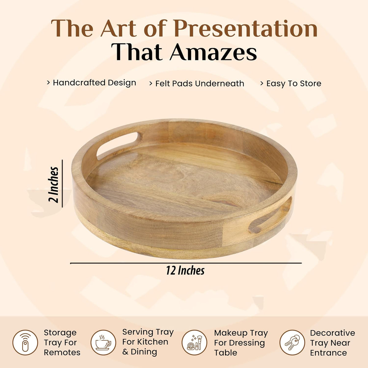 Round Wood Serving Tray, 12 in, Natural