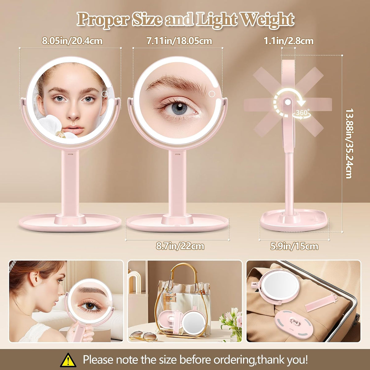 MOMOKUBA Makeup Mirror with Lights, 30X Magnifying Mirrors, Height Adjustable, Vanity Mirror with Lights Rechargeable 3 Color Modes, Double-Sided Detachable Travel Mirrors, Gift for Women, Pink/30X