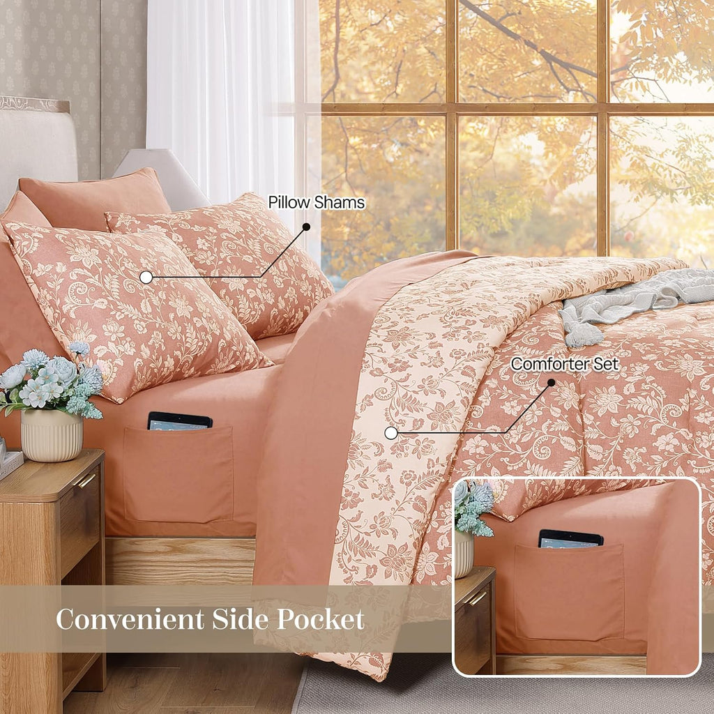 BLOOMHAVEN Queen Comforter Set-7 Pieces Pink Floral Bed in a Bag Queen
