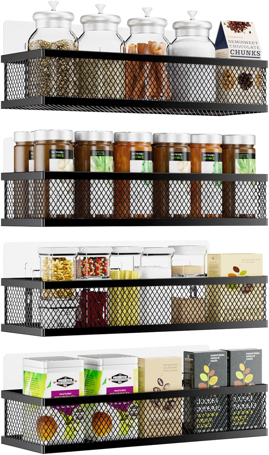 Spice Rack Organizer for Cabinet, 3-Tier Expandable 14.37"–26.02" Seasoning Organizer Shelf – Sturdy Metal Spicy Shelf for Jar & Bottle Storage in Kitchen Cabinet & Pantry, Black