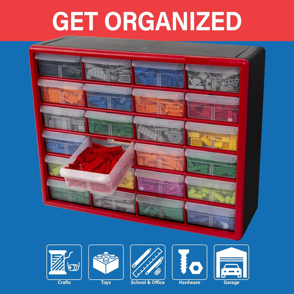 Akro-Mils 10124, 24 Drawer Plastic Parts Storage Hardware and Craft Cabinet, 20-Inch W x 6-Inch D x 16-Inch H, Red