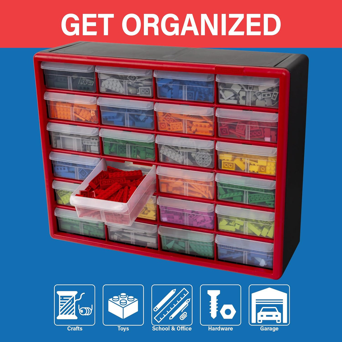 Akro-Mils 10124, 24 Drawer Plastic Parts Storage Hardware and Craft Cabinet, 20-Inch W x 6-Inch D x 16-Inch H, Red
