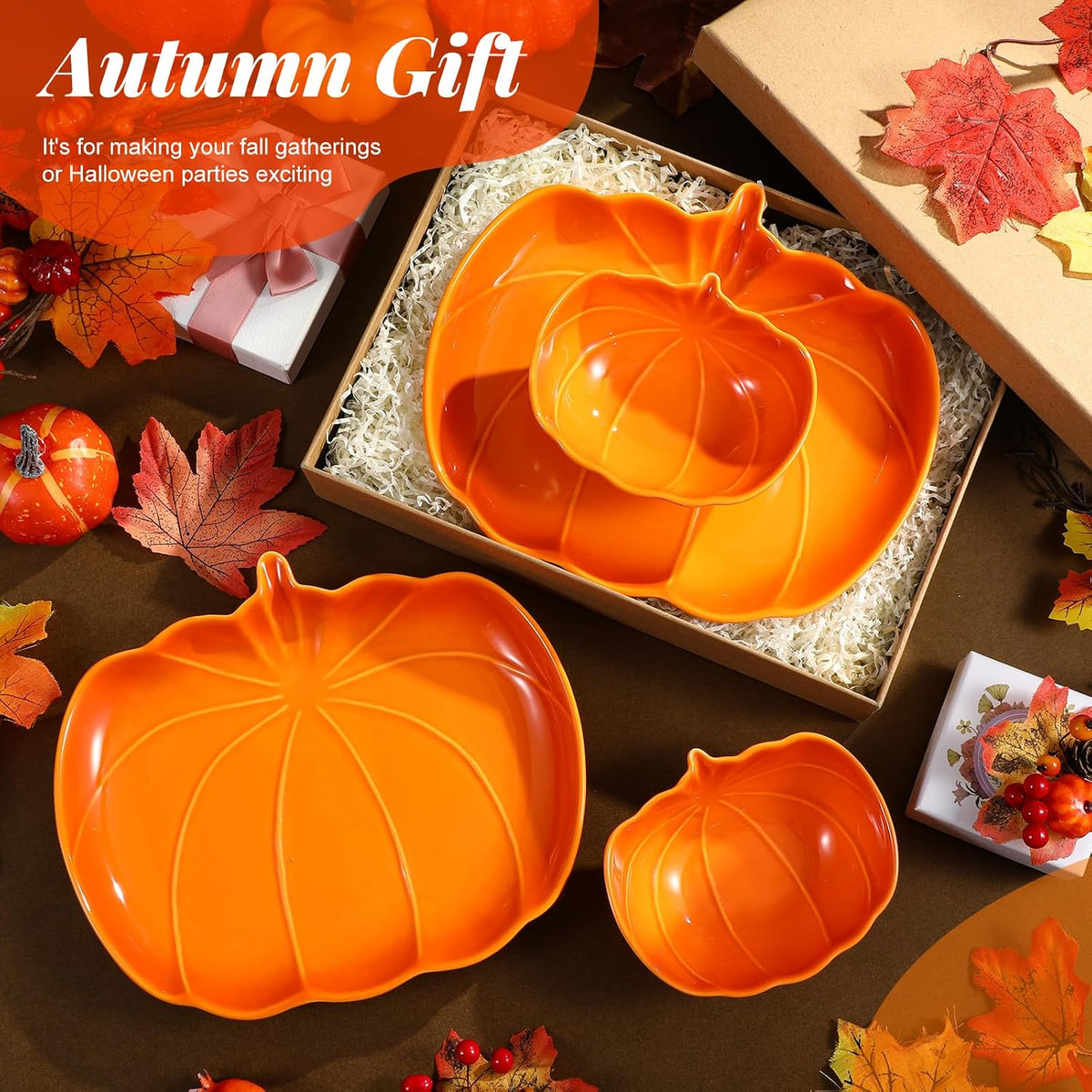 Tioncy 4 Pcs 9 Inch Pumpkin Shaped Plates and 5 Inch Fall Ceramic Bowls Set