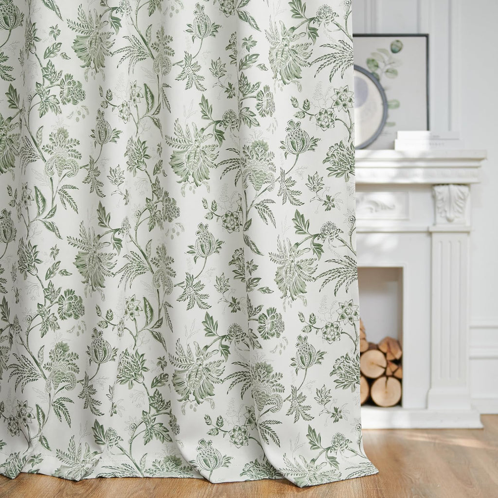 jinchan Green Floral Blackout Curtains 96 Inch Vintage Back Tab 2 Panels