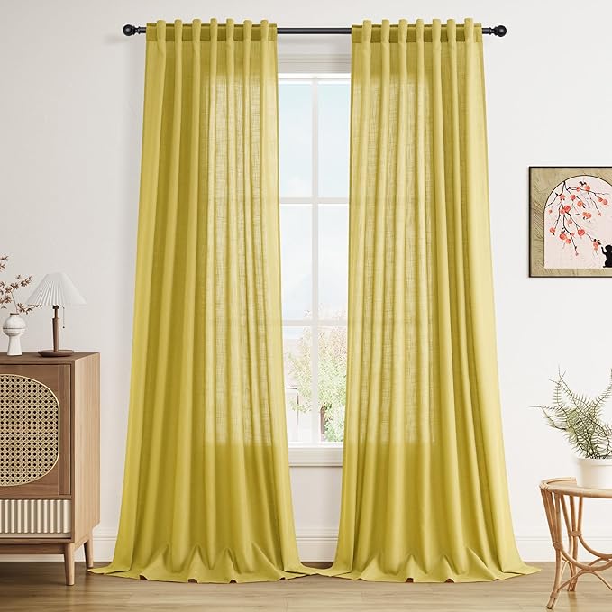 Nanspring Celery Yellow Linen Curtains 90 Inches Long 2 Panel Set Back Tab Rod by Nanspring