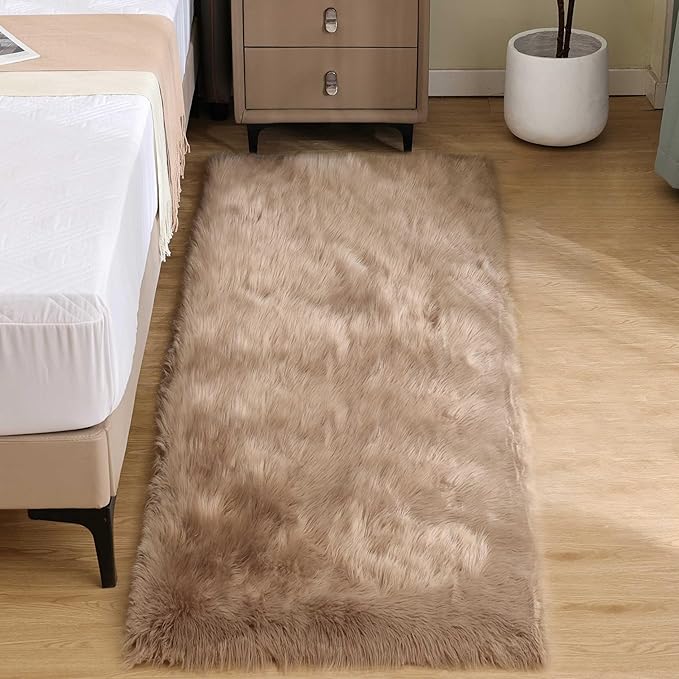 Goolela Furry 2x6 Fluffy Faux Sheepskin Beige Washable Shag Rug - Image 2