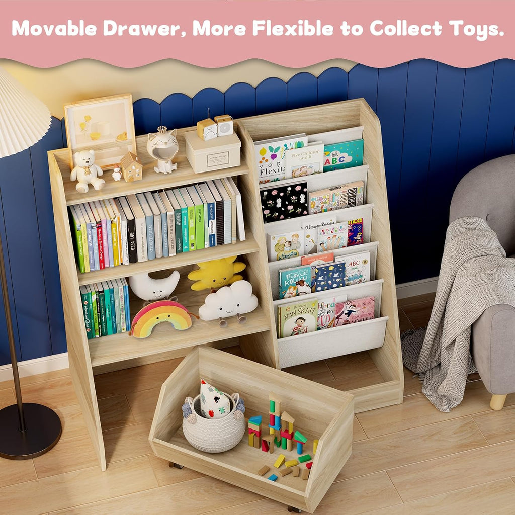Kids Bookshelf, 4 Tier Toddler Bookcase with Toy Storage Drawer