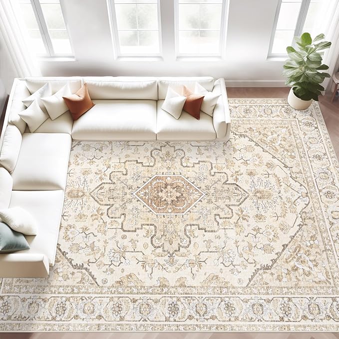 Area Rugs 8x10 Vintage Rug: Large Washable Living Room Rug Retro Medallion by MXSANYOORUG