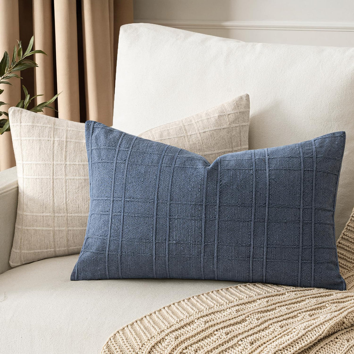 MIULEE Linen Plaid Pillow Covers Coastal Decorative Lumbar 12x20 Blue