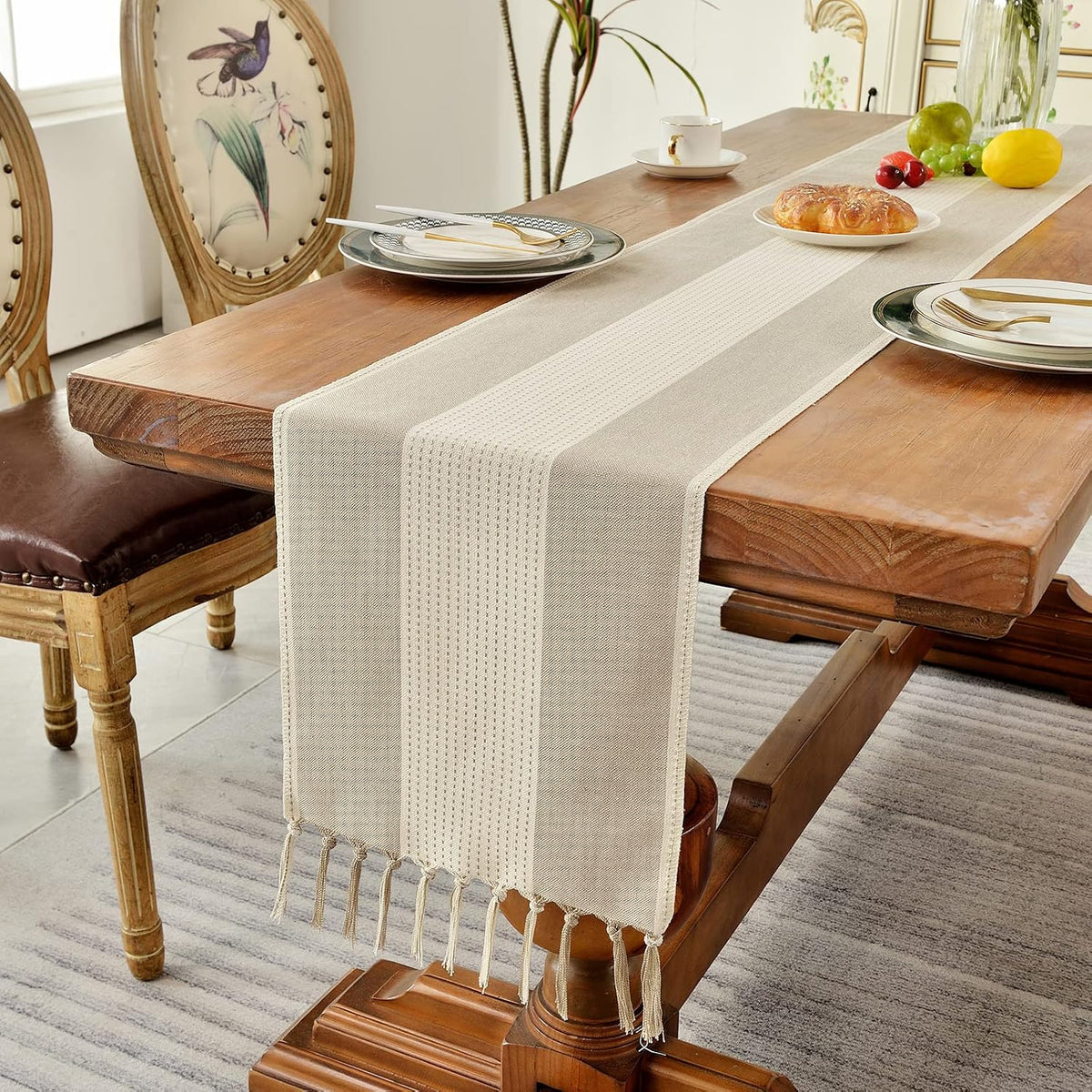 Wracra Linen Table Runner, Stripe Table Runners 72 Inches Long Light Coffee