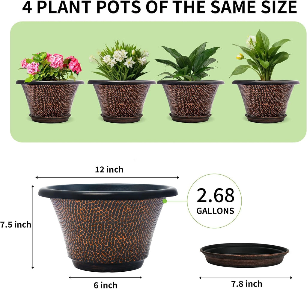 12 Inch Pots for Plants,4 Pack Large Flower Pots with Drainage Hole