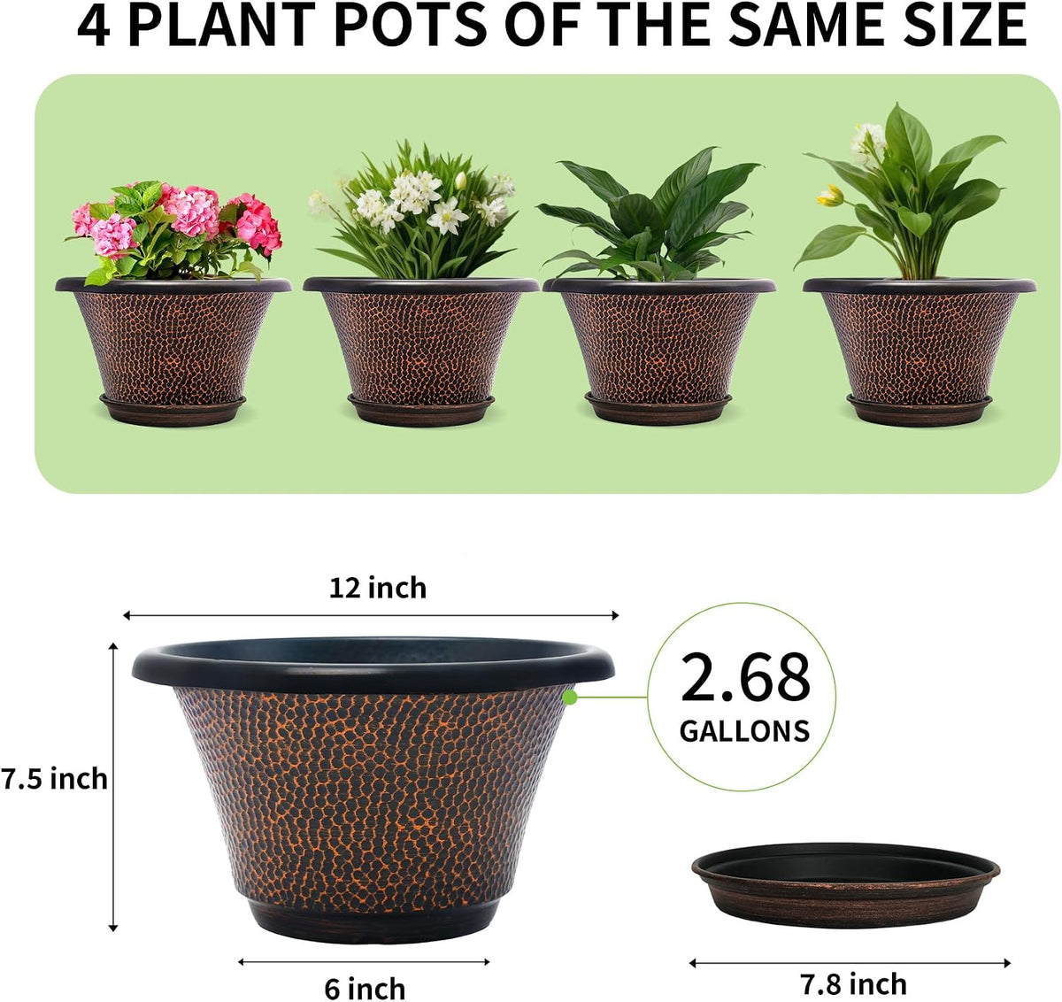 12 Inch Pots for Plants,4 Pack Large Flower Pots with Drainage Hole