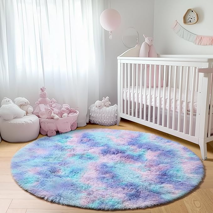 ONASAR Rainbow Round Area Rugs 6ft, Fluffy Soft Bedroom Circle Rug - Image 7