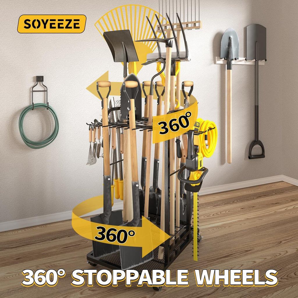 Garden Tool Organizer with Lockable Wheels, Heavy Duty 3-Tier Yard Tower Tool Rack for Garage, Holds Up to 35 Long-Handled Tools, Garden Tool Cart with 12 Hooks for Tool Organization Storage