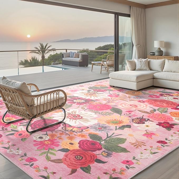Pink Area Rugs 10x14 Living Room, Non Slip Machine Washable Floral Rugs by WelcometoBabovid