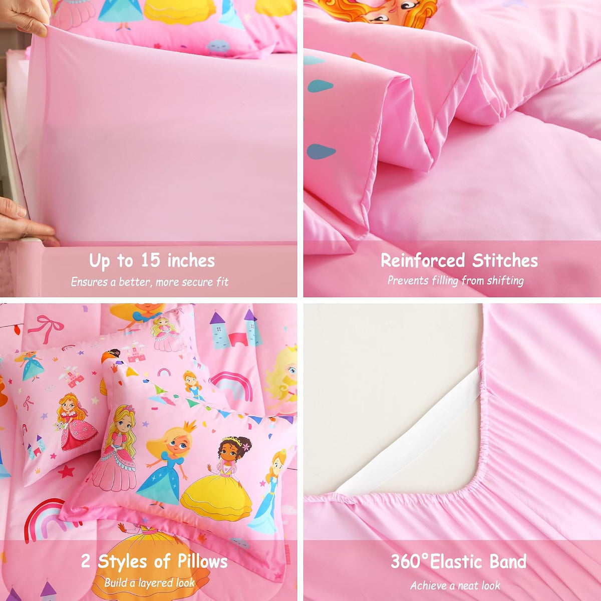 lasoftan Kids' Princess Bedding Set, Pink Princess, Full, 7-Piece