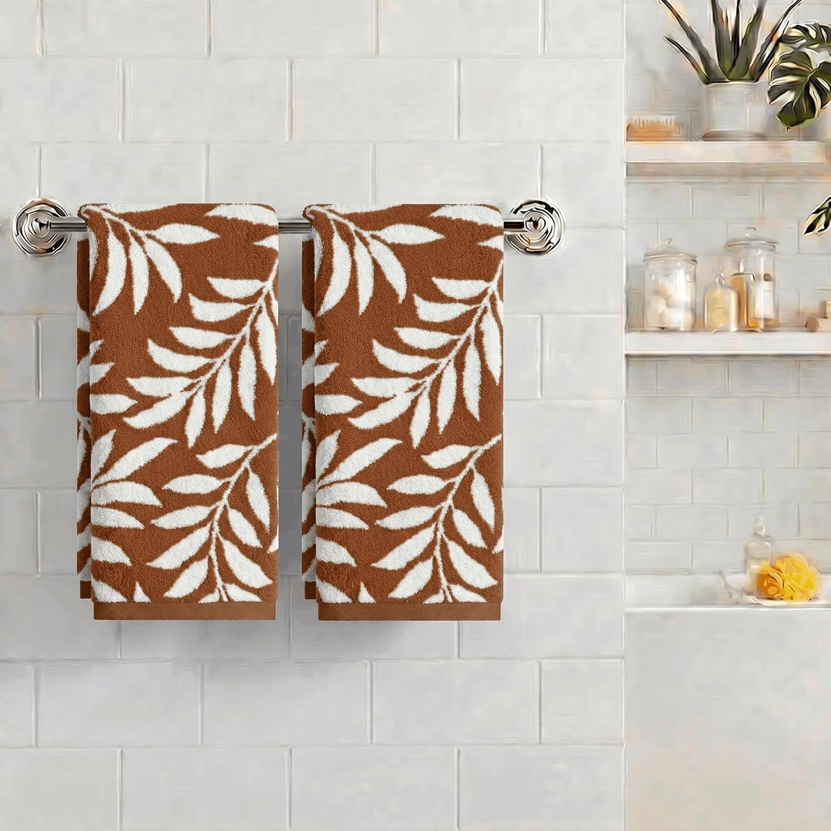 Artoid Mode 2 Pcs Beige Caramel Leaves Jacquard Hand Towels for Bathroom, 100% Cotton Soft Absorbent Bathroom Decor Towels, 13.7 x 29.5 Inch
