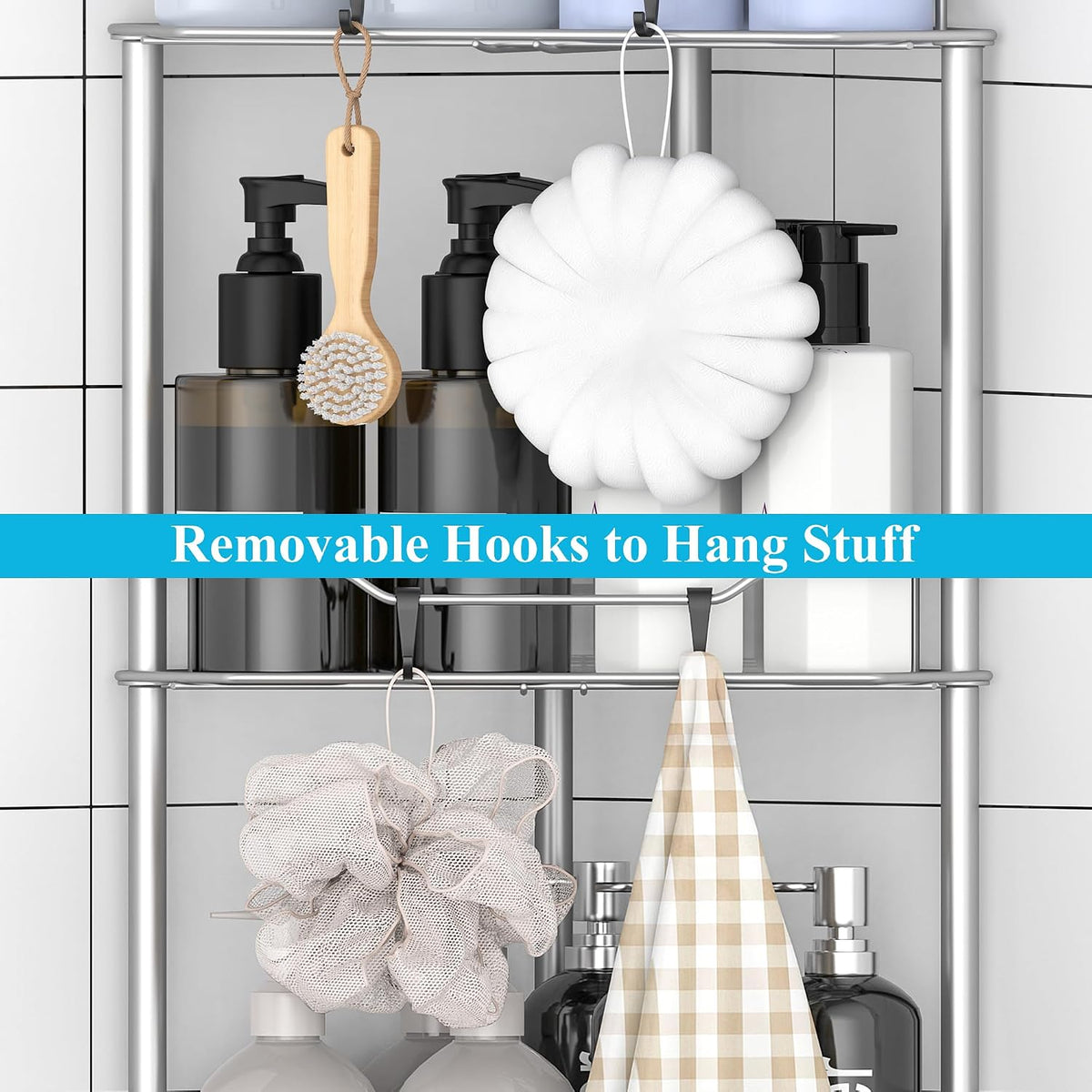HuggieGems Metal Floor Standing Corner Shower Caddy, Gray, 4 Tier