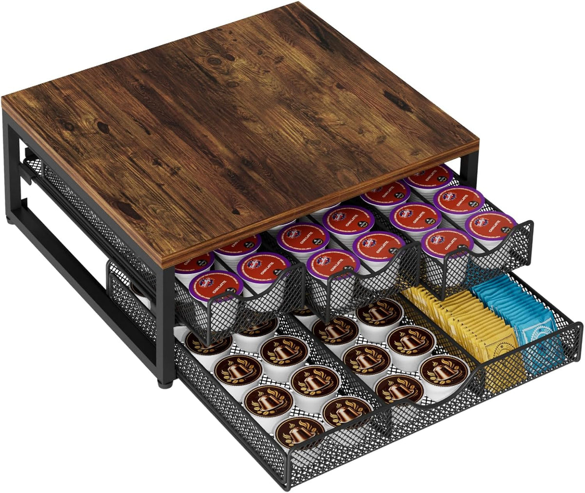 Coffee Pod Holder For Counter, 3 Pull-Out 72 K Cup Holder Drawer, Wooden Cafe Pods Storage Organizer with Sliding Drawers for Coffee Station, Home, Kitchen, Office, Dorm (Black)