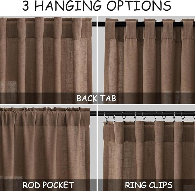 Caramel Brown Linen Curtains for Living Room 98 Inches Long Back Tab and Rod - Image 2