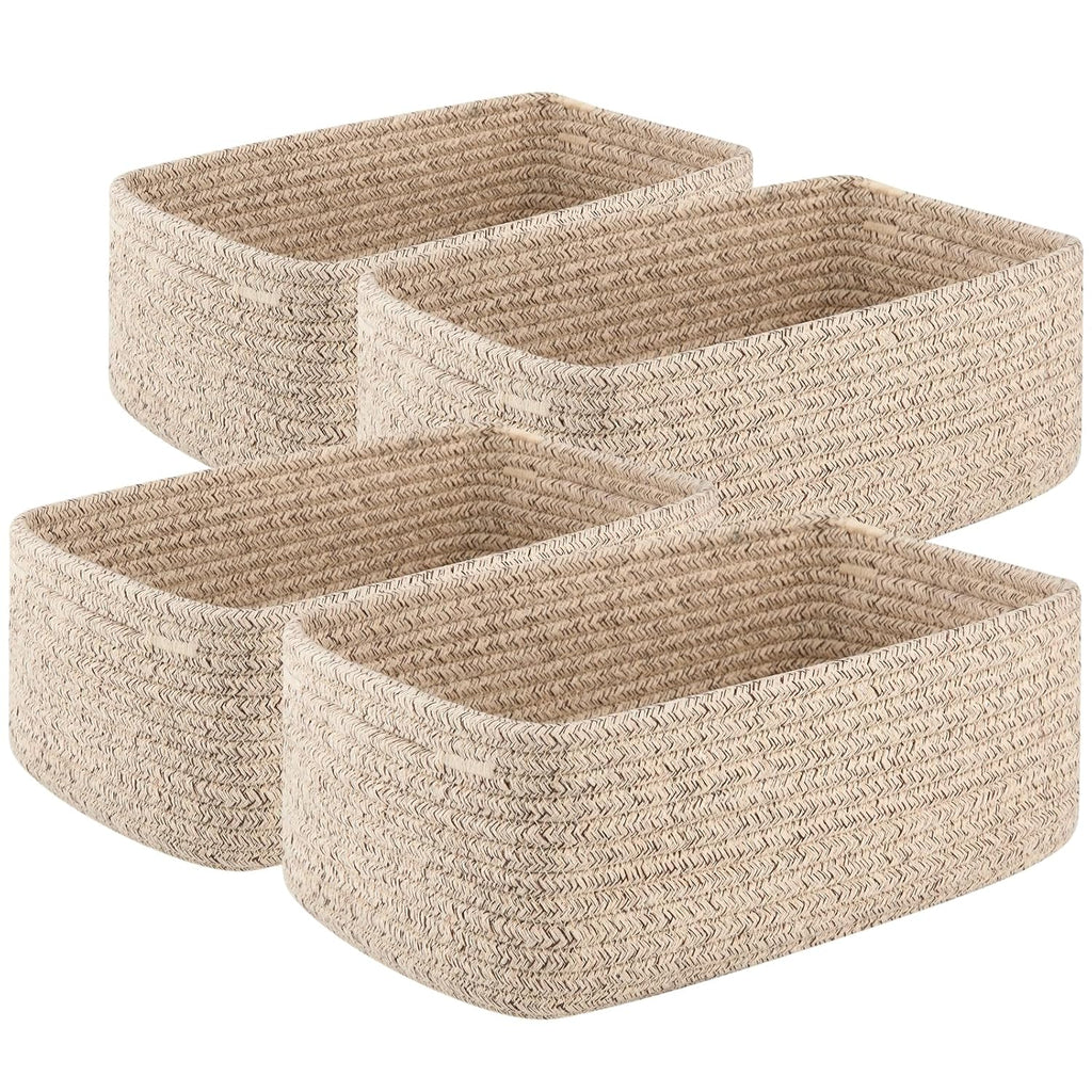 OIASKET 4 Pack Small Storage Shelf Baskets for Organizing, Mini Woven Rope Storage Bins for Towels, Cute Decorative Closet Organizer，Baby Nursery, Gift Empty Baskets -13.78''Lx9.84''Wx5.51''H-Brown