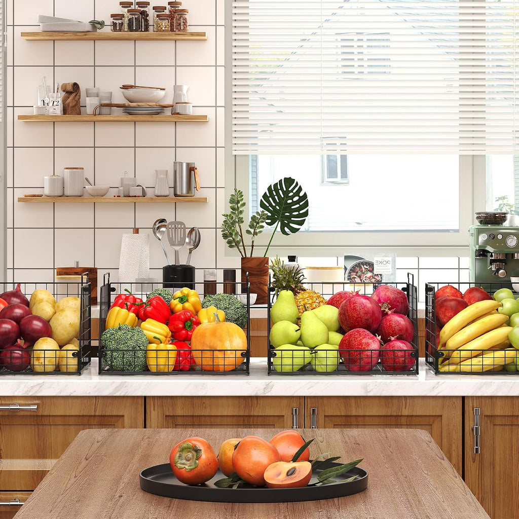 4 Pack XXL Stackable Wire Storage Basket, Extra Large Capacity Pantry Organizer and Storage, Muti-Purpose for Vegetable Fruit Basket & Can Organizer & Snack Rack & Metal Pantry Bin