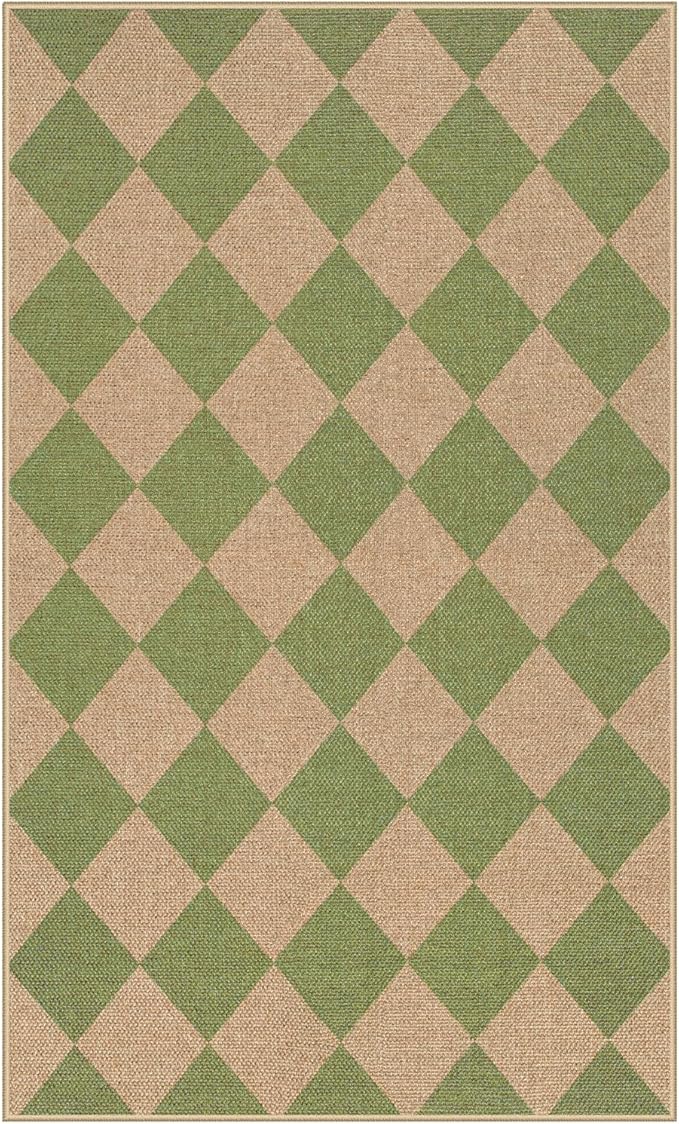Lahome Colette Green Checkered Easy Jute Rug, 3x5 Washable Outdoor Rug Neutral - Image 8