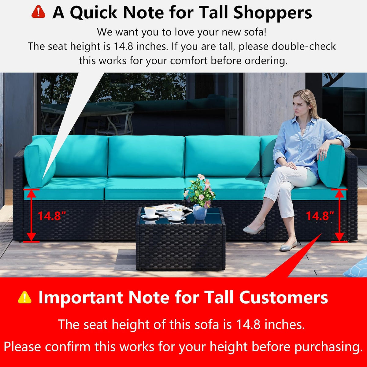 Shintenchi 5 Pieces Outdoor Patio Sectional Sofa Couch, Black PE Wicker Furniture Sets, Patio Conversation Sets with Washable Cushions Coffee Table for Garden, Poolside, Backyard,Blue