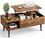 OLIXIS Wooden Coffee Table, Lift Top Coffee Table with Large Hidden Compartment and Ample Storage Shelf, Lift Tabletop Dining Table for Living Room, Home Small Space, Rustic