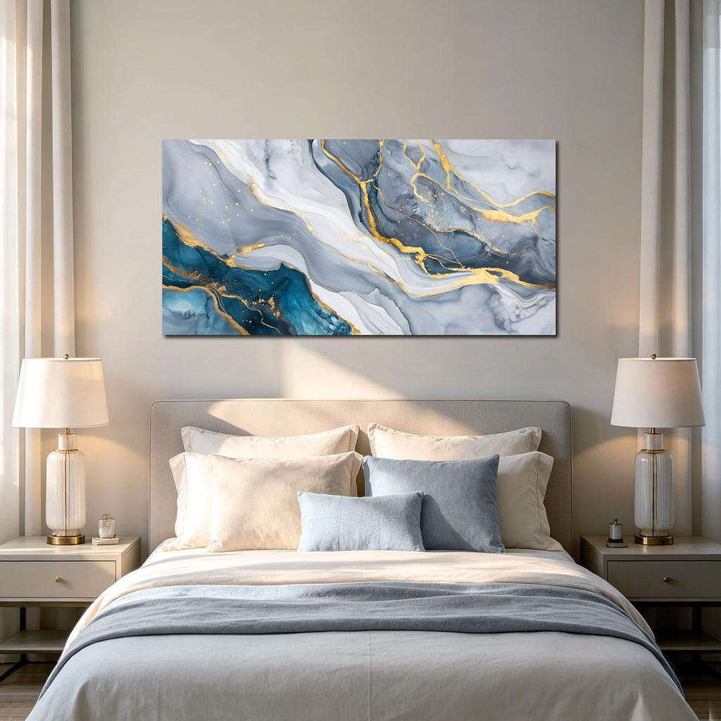 Blue and Gray Abstract Gold Fluid Canvas Wall Art for Living Room 20"X40"