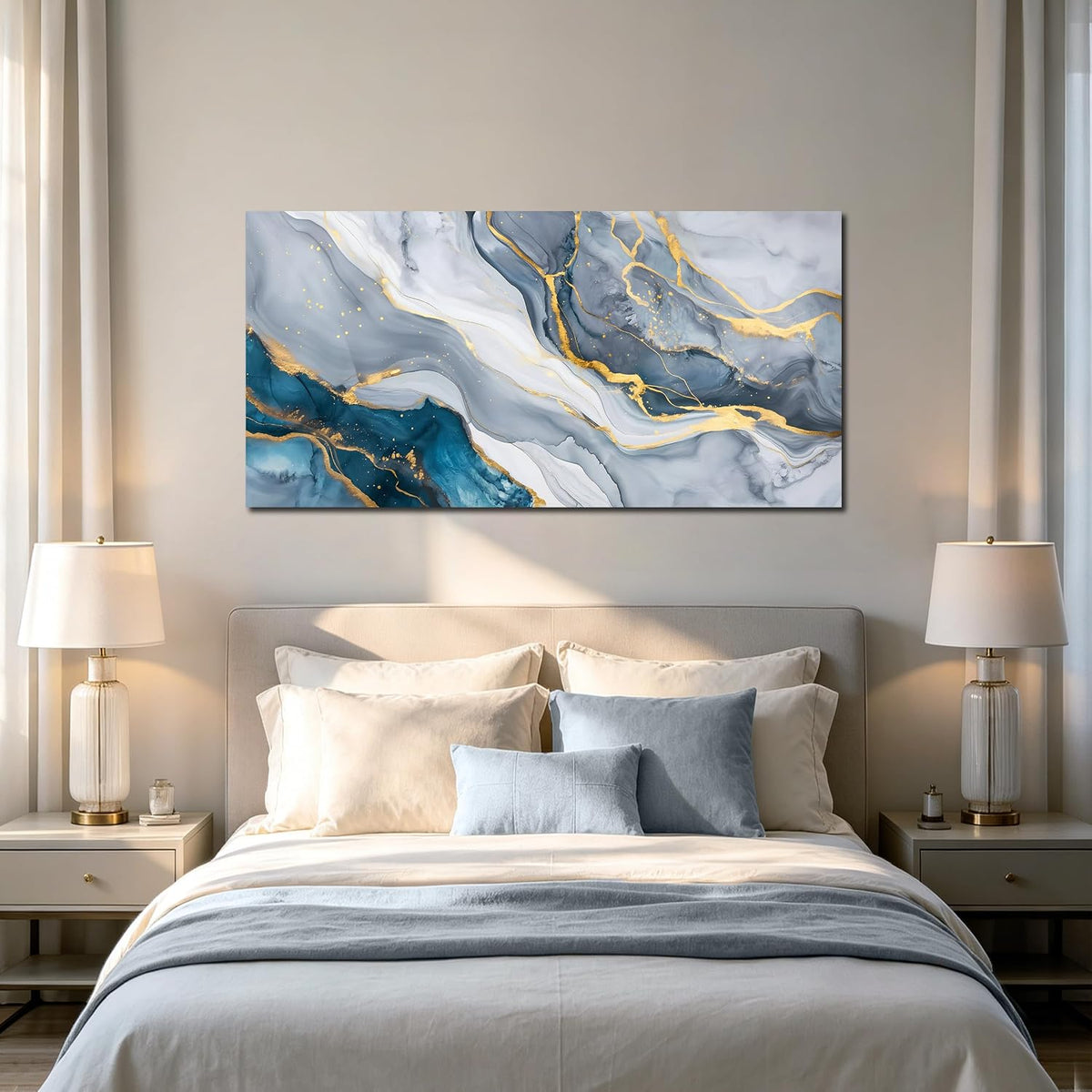 Blue and Gray Abstract Gold Fluid Canvas Wall Art for Living Room 20"X40"