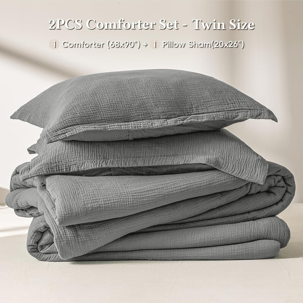 David's Home Cotton Softer Muslin Comforter Set, Twin Size, Grey