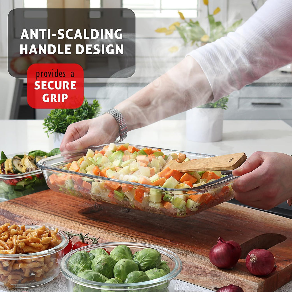 EATEX 8-Piece Deep Glass Casserole Dishes for Oven with Plastic Lids, Glass Baking Dishes for Oven, Rectangular Bakeware for Lasagna, Cooking, Leftovers, Kitchen, Freezer to Oven Dishwasher Safe