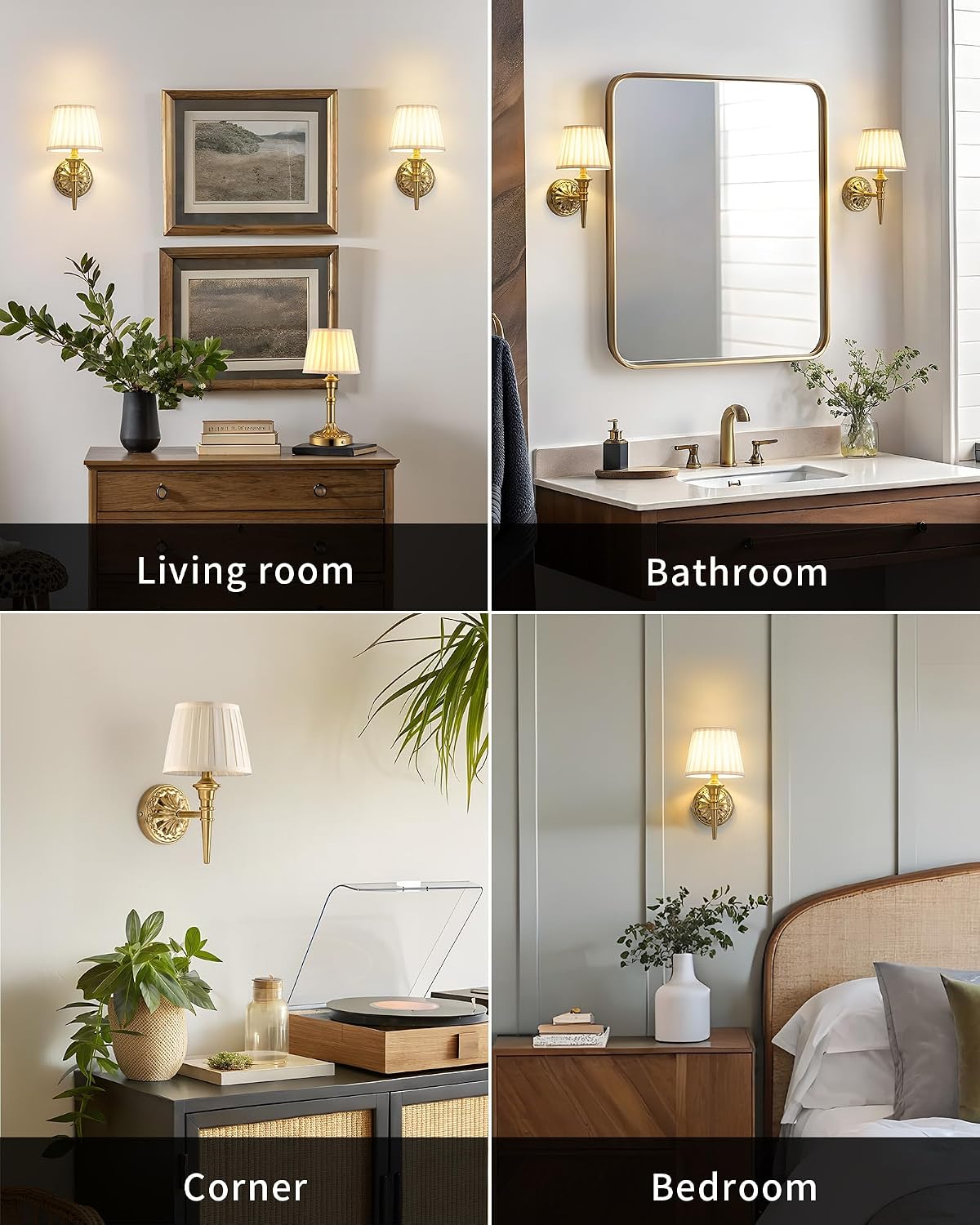 KDG Cordless Gold Wall Sconces Set of 2, Beige Fabric Lampshde Wall Lamps