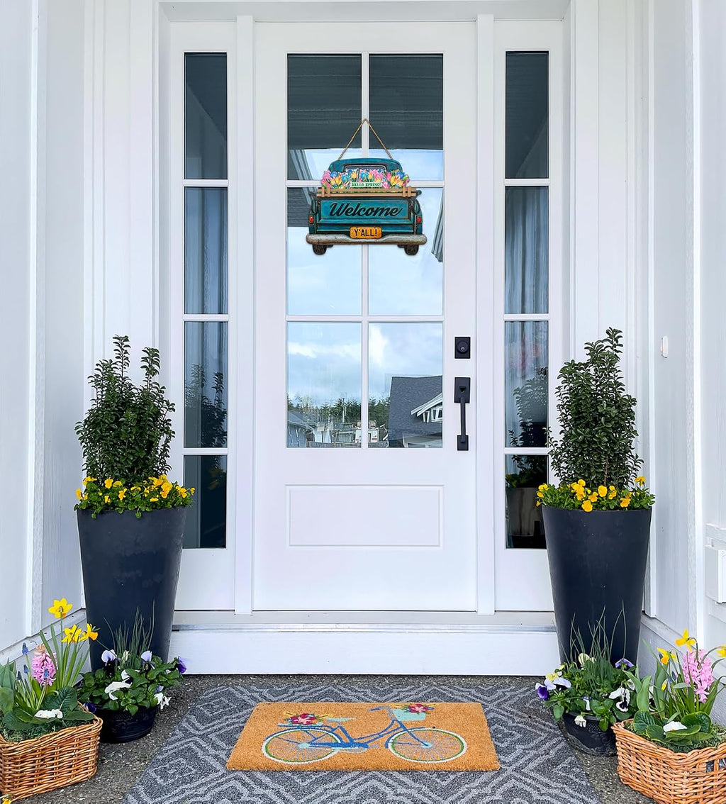 Interchangeable Welcome Sign for Front Door Blue Farmhouse Truck Decor Hanging Sign with 11 Interchangeable Seasonal and Holiday Decor Signs 12x14 in. (Blue Farmhouse Truck)