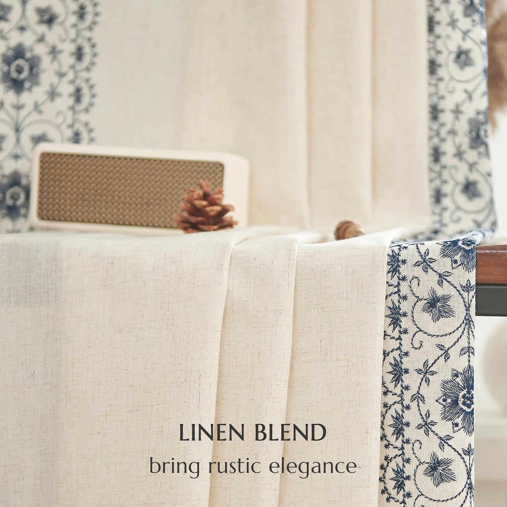 jinchan Floral Lined Linen Curtains Embroidered Back Tab 54Wx84L 2 Panels