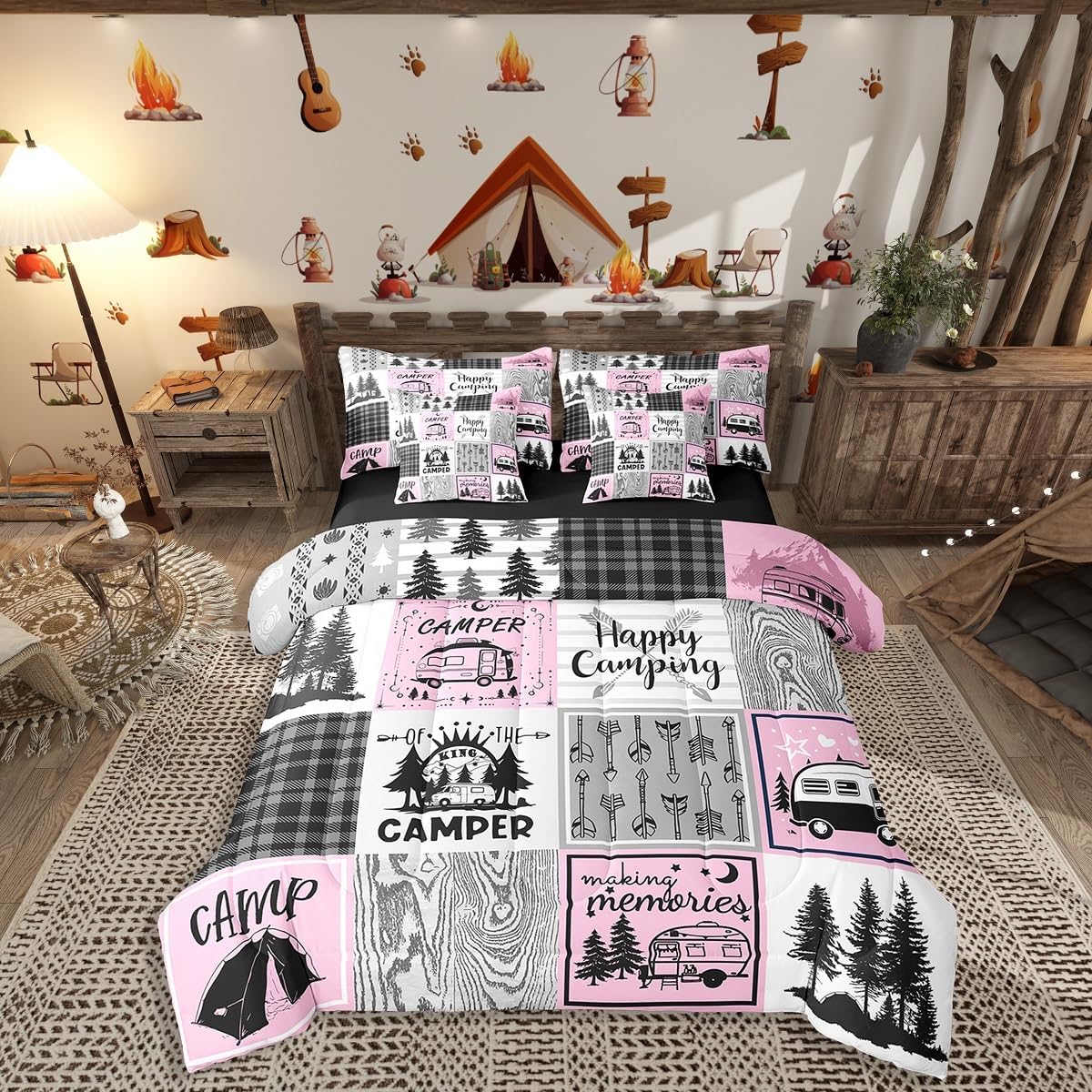 Erosebridal Happy Camping Bedding Set Queen Rv Camper Comforter Set