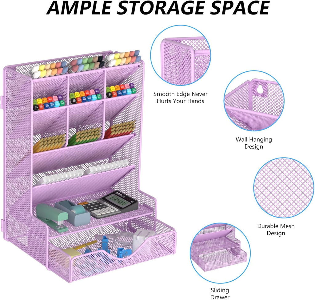 Pen Organizer for Desk, Multi-Functional Desk Organizer, Wall Mount Pen Holder with Drawer for School, Office, Home, Art Supplies, Purple