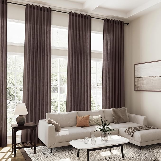 Coffee Linen Textured 96 Inch Curtains 2 Panel Set Back Tab Rod Pocket Sheer - Image 7