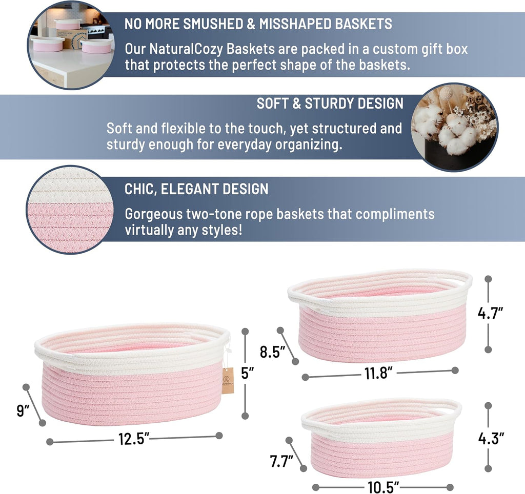 NaturalCozy 3-Piece Oval Storage Basket Set– Cotton Rope Woven Baskets for Storage, Gift Basket Empty, Toy Basket, Soft Baby Basket for Nursery, Cat Dog Toy Baskets, Small Basket (Off White & Pink)