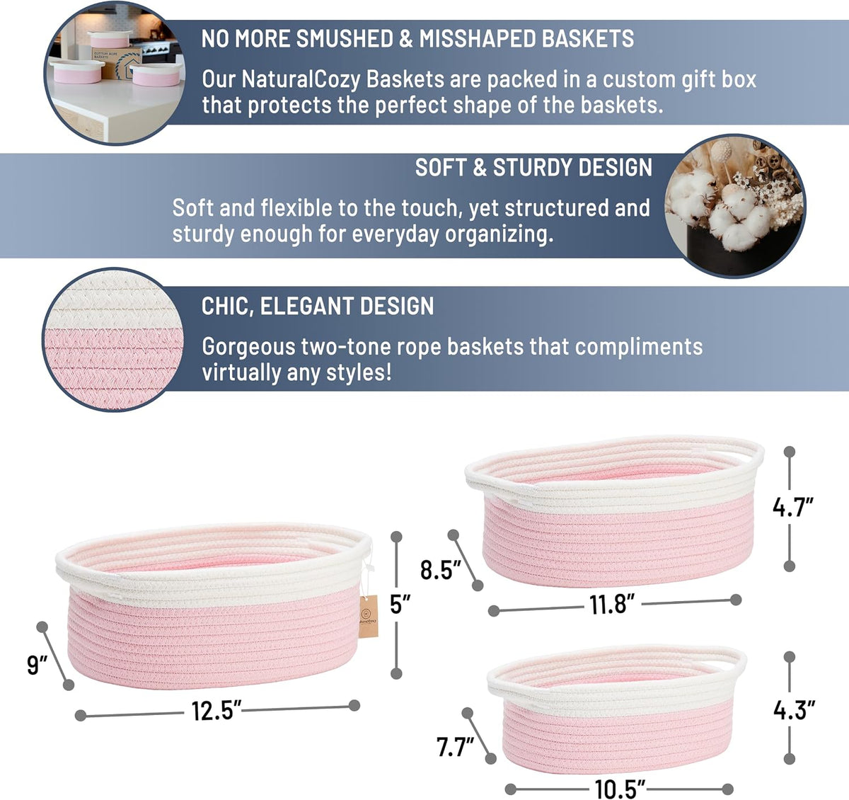 NaturalCozy 3-Piece Oval Storage Basket Set– Cotton Rope Woven Baskets for Storage, Gift Basket Empty, Toy Basket, Soft Baby Basket for Nursery, Cat Dog Toy Baskets, Small Basket (Off White & Pink)