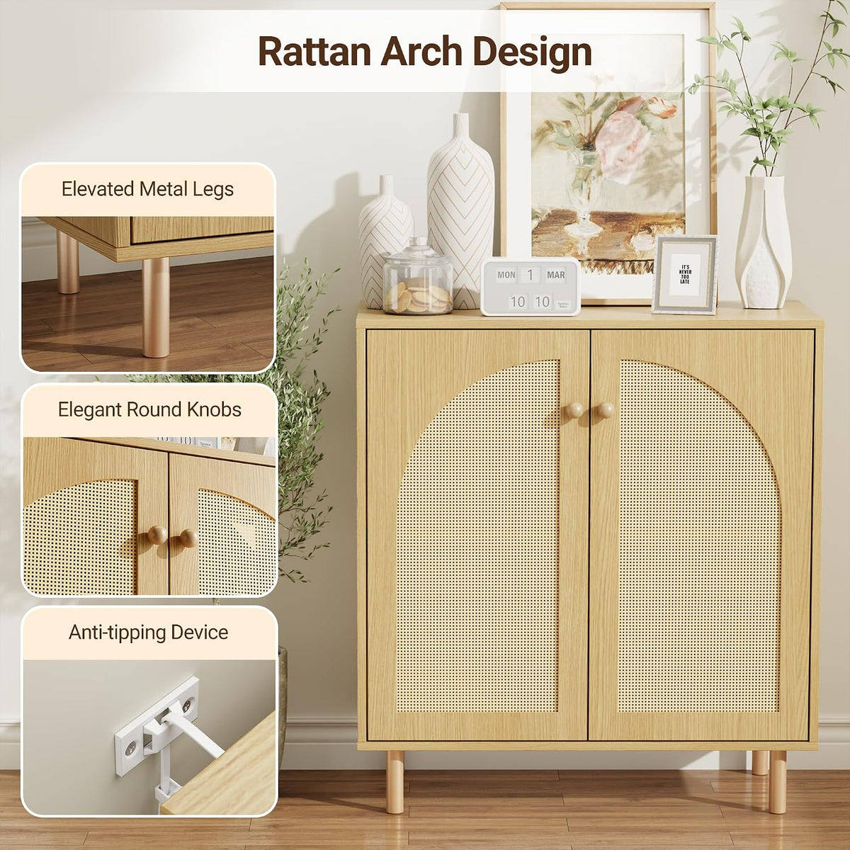 Mericonia 30 Inch Buffet Cabinet with Storage, Boho Sideboard with Rattan Decorated Doors & Adjustable Shelf, Accent Credenza Coffee Bar for Kitchen, Dining Room, Living Room, Entryway