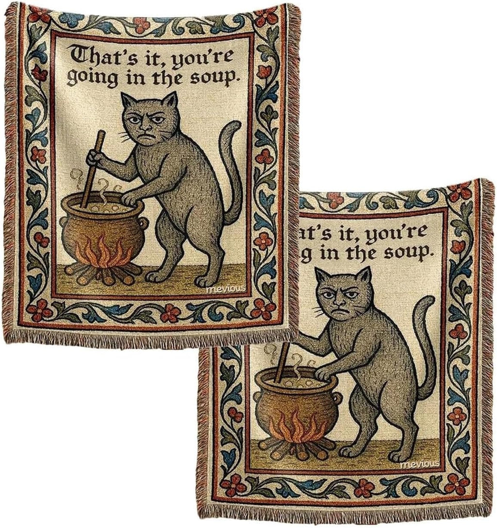 mevious Weird Medieval Cat Woven Tapestry, Vintage Cat Themed Woven Sofa Blanket, Wall Hanging Art Handicrafts, Soft and Cozy Multipurpose Blanket, With Fringe Tassels, Home Decor for Cats Lovers